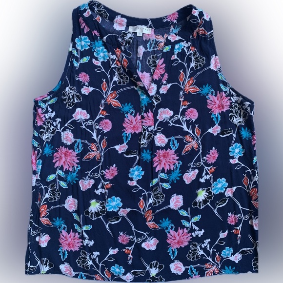 KENAR Navy Floral Print Sleeveless V neck Rayon blue & pink Blouse, Size XL - Picture 7 of 8